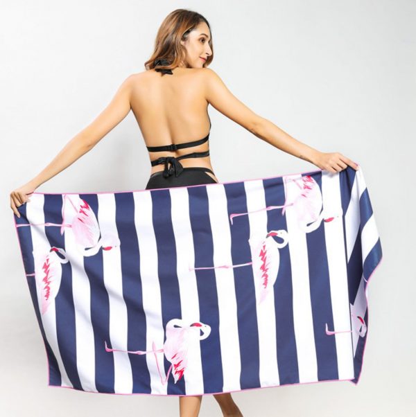 Flamingo & Blue Stripe Summer Microfiber Beach Towel