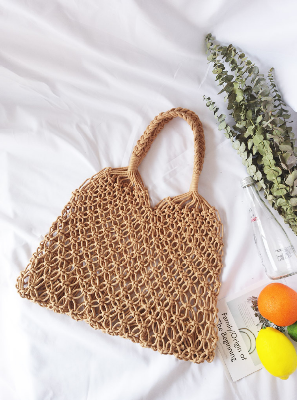 Brown Fashionable Beach Handbag Mesh Net/Straw Tote Bag